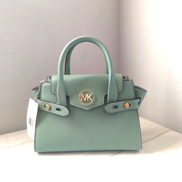 NWT Michael Kors Carmen Small Flap Belted Satchel Crossbody In Sea Green Bags
